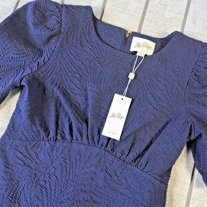 Lilly Pulitzer‎ Feona Elbow Sleeve Dress Women's M Blue Bay Knit Pucker Jacquard